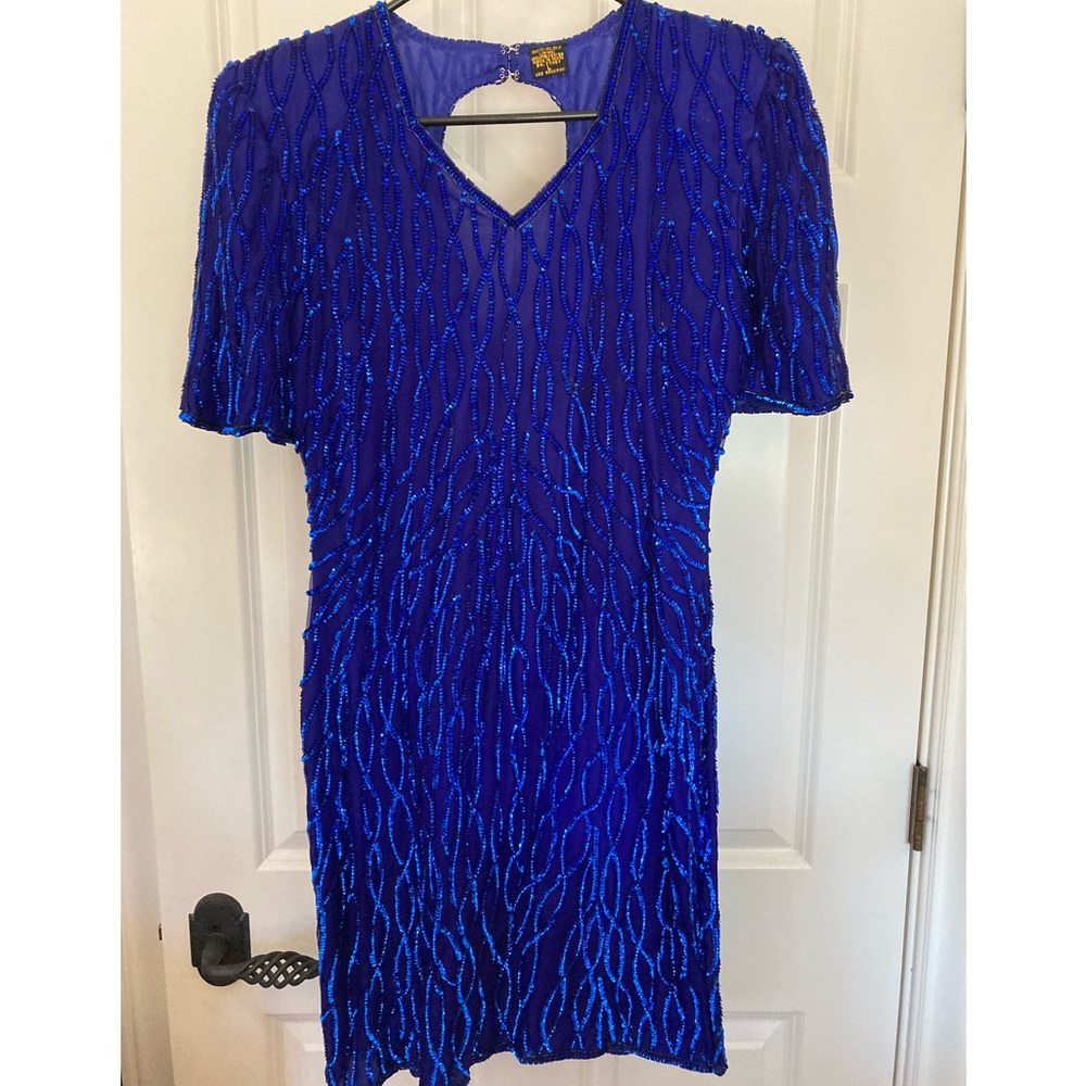 Vintage 1990s Blue Silk Sequined Cocktail Dress